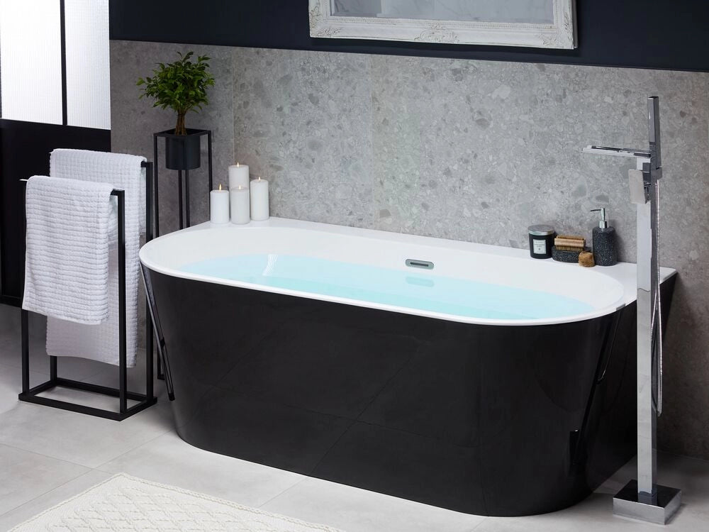 Vasca Da Bagno Nera Sanitaria Acrilica Ovale Singola 170 x 80 cm Con Sistema Di Troppopieno Tubo Di Scarico Design Moderno
