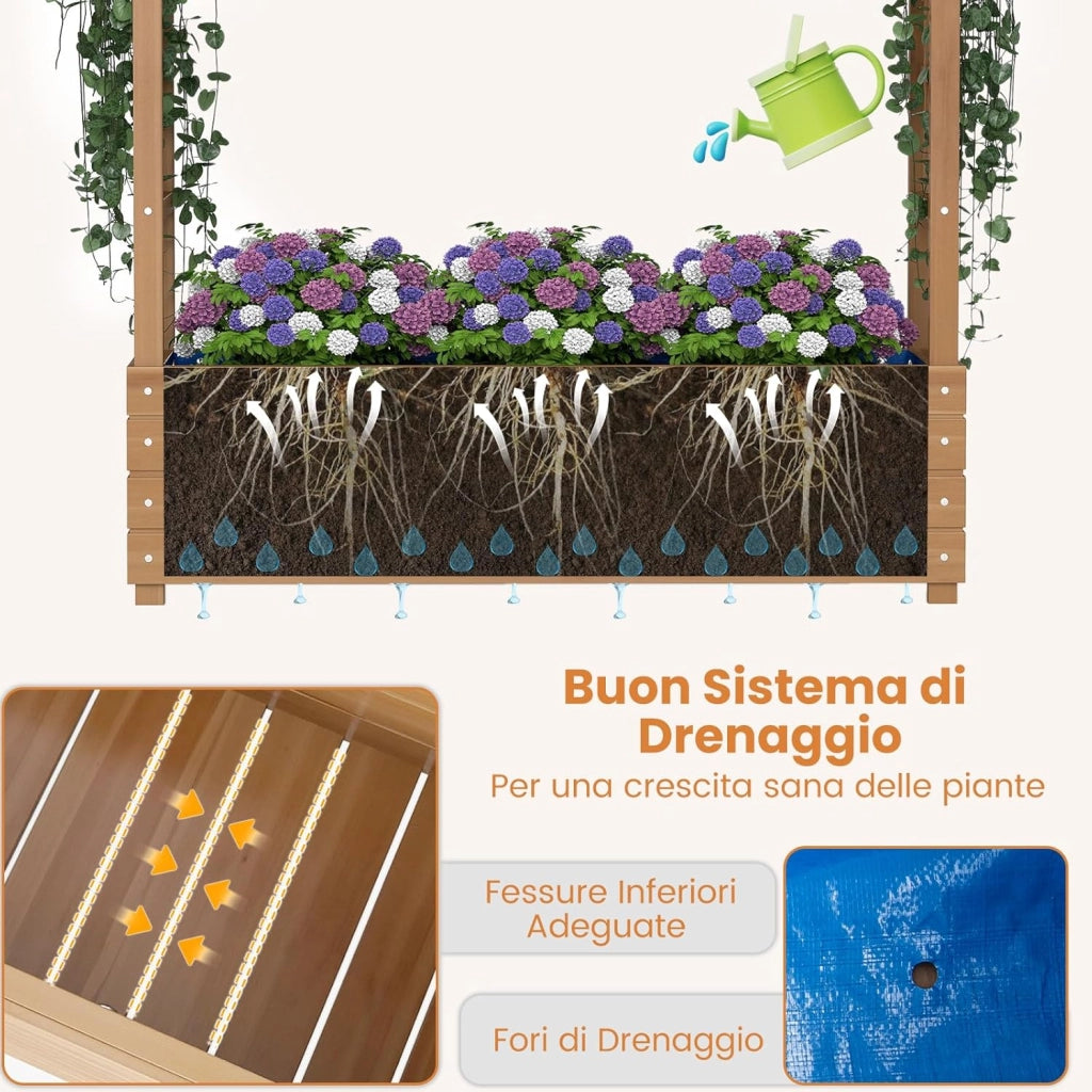 Letto da Giardino Rialzato, Fioriera in Legno con Tetto Sospeso, 2 Tralicci Laterali, Contenitore Inferiore, per Fiori, Verdure e Piante Rampicanti, Aiuola Elevata per Giardino e Terrazzo