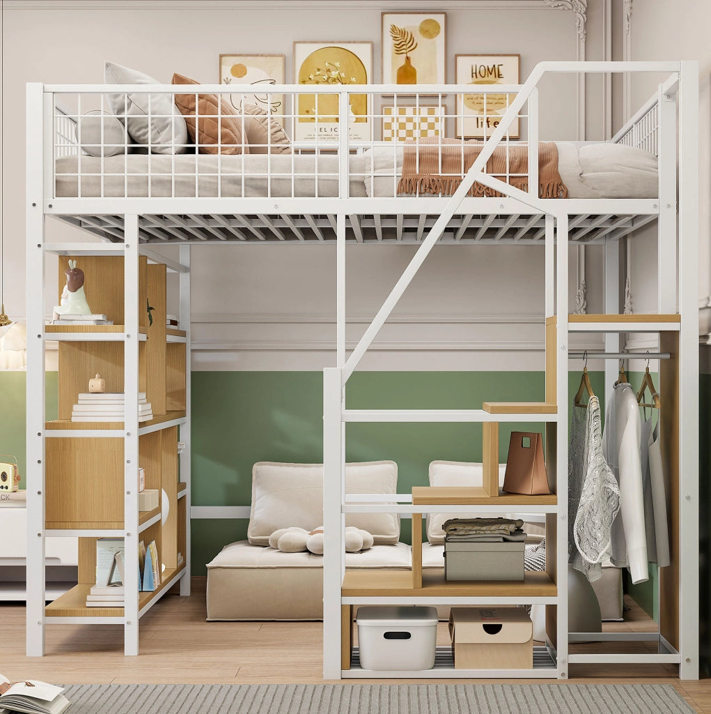 Letto a soppalco bianco 140 x 200 cm con scala contenitore