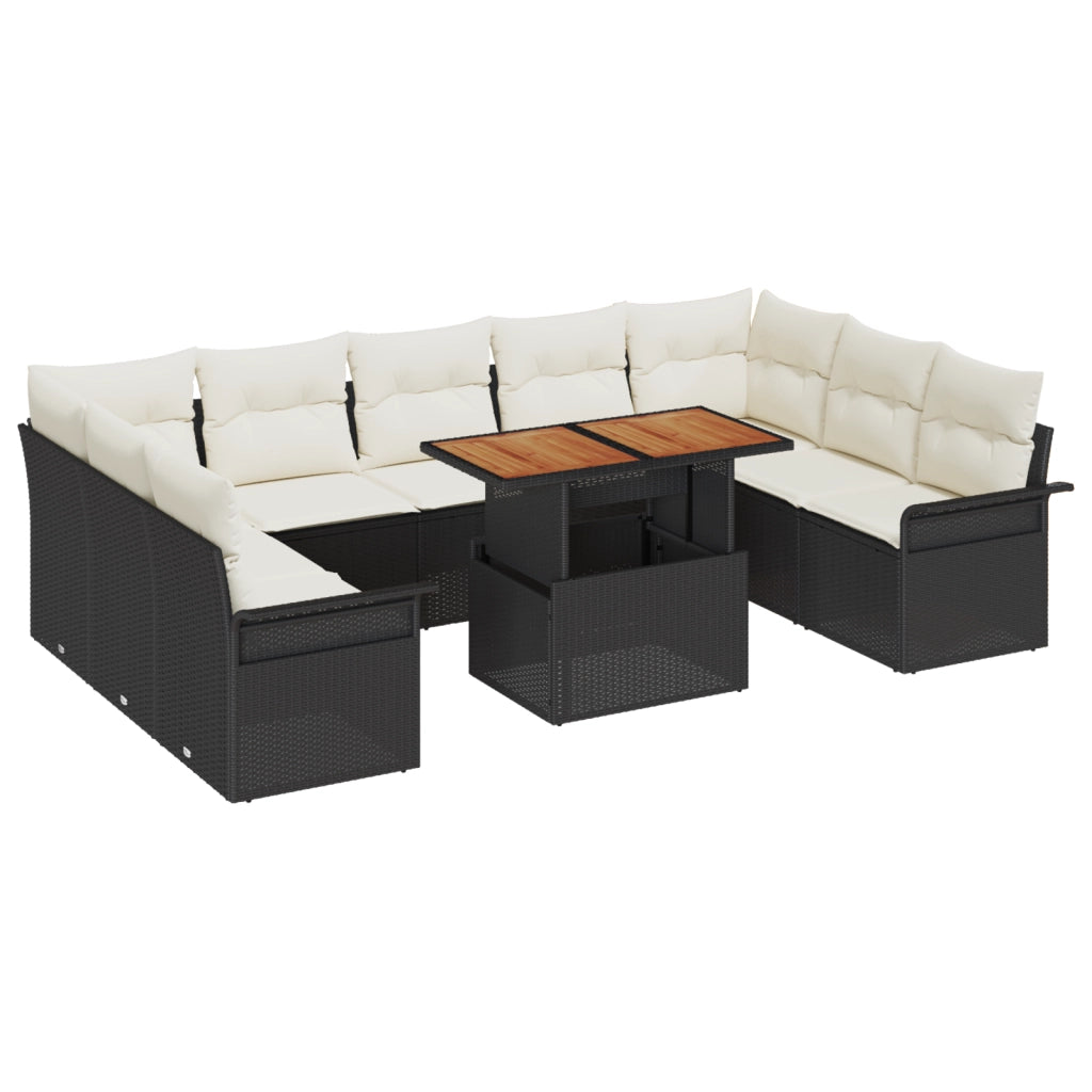 Set da pranzo da giardino 10 pezzi con cuscini neri in rattan poli acacia