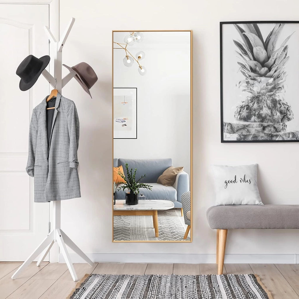 2 in 1 Specchio Lungo da Parete, Specchio a Figura Intera con Telaio Rettangolare in Alluminio e Vetro Antiesplosione, Specchio da Terra per Ingresso Bagno, 56 x150 cm (Oro)