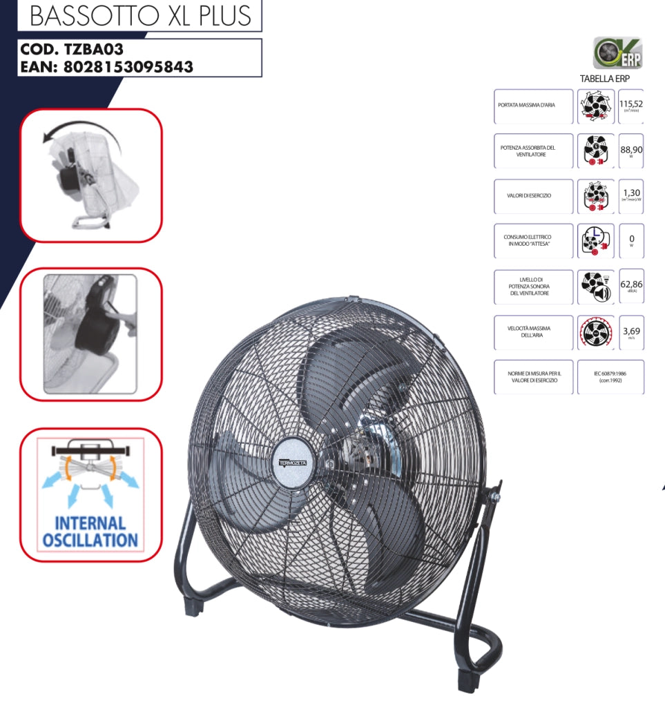 Termozeta Bassotto XL Plus – Ventilatore (Ventificatore con pale per la casa, Nero, Pavimento, 62,86 dB, 6900 m3/h, Pulsanti)