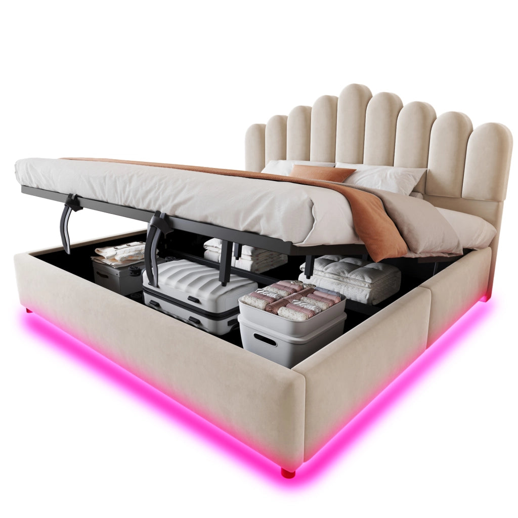 Letto imbottito 180x200 cm con contenitore idraulico, testiera trapuntata, LED e struttura in velluto beige