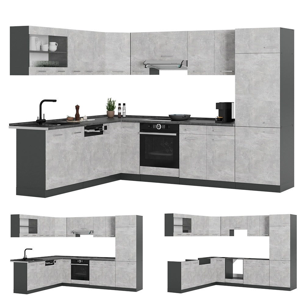 Cucina angolare completa R-Line Calcestruzzo/Antracite 287 x 227 cm, PL Rovere Vicco