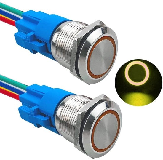 Drukknopschakelaar Momentaneo - Impermeabile IP67 - LED Giallo - Preinstallato - Adatto per 12V/24V - 2 pezzi