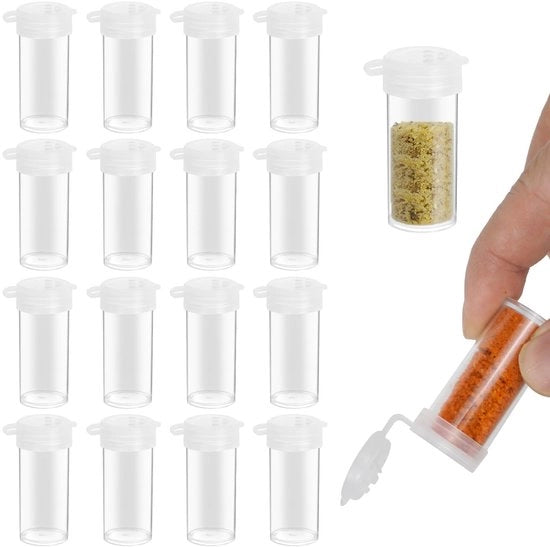 20 mini contenitori di sabbia con etichette, 6 g plastica con coperchio, mini dispenser per spezie, contenitore di sabbia trasparente, mini contenitore per viaggi, campeggio, spezie extra piccole