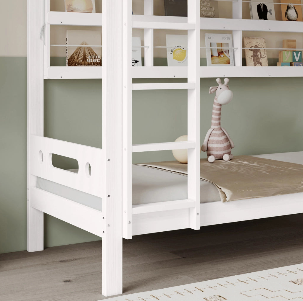 Letto a castello 90x200 cm bianco e naturale con scala a 5 gradini e mensole