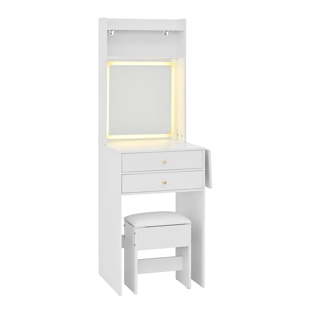 Tavolo da trucco pieghevole con illuminazione LED a 3 tonalit¨¤, 2 cassetti, 2 vani aperti, specchio e sgabello, bianco