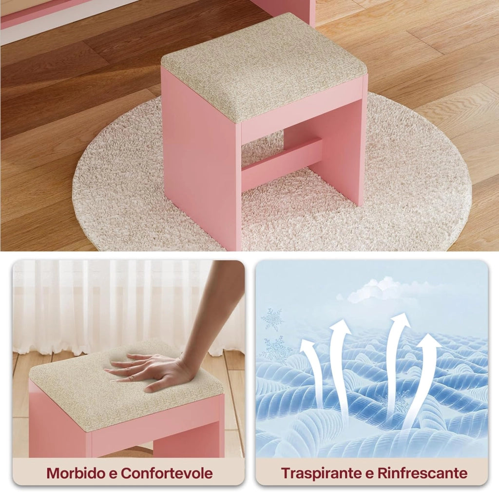 Toeletta da Trucco con Luci LED,Tavolo da Trucco con Sgabello, Postazione Trucco con Specchio,Scomparti Aperti, Ripiani Regolabili,Moderno,per Camera da Letto,Rosa