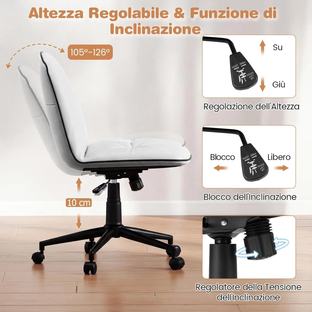 Sedia Scrivania Girevole a 360°, con Altezza Regolabile, Funzione Dondolo e Ruote Scorrevoli, Poltrona Ufficio Salvaspazio, Portata 112 kg (Bianco)