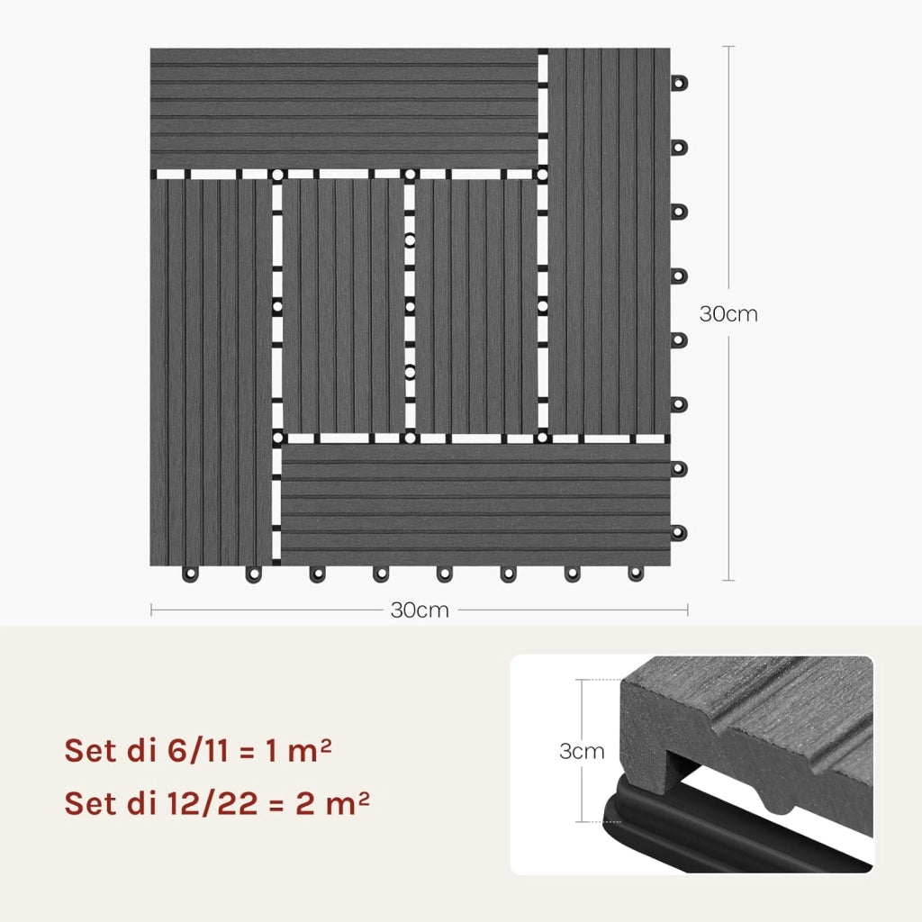 Pavimenti da Esterno Balcone/Giardino/Terrazza Piastrelle ad Incastro in WPC, Legno Composito Grigio 22 Pannelli / 2 ㎡