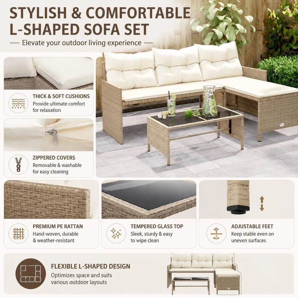 L-shaped Garden Sofa With Table And Cushions, Beige Poly Rattan