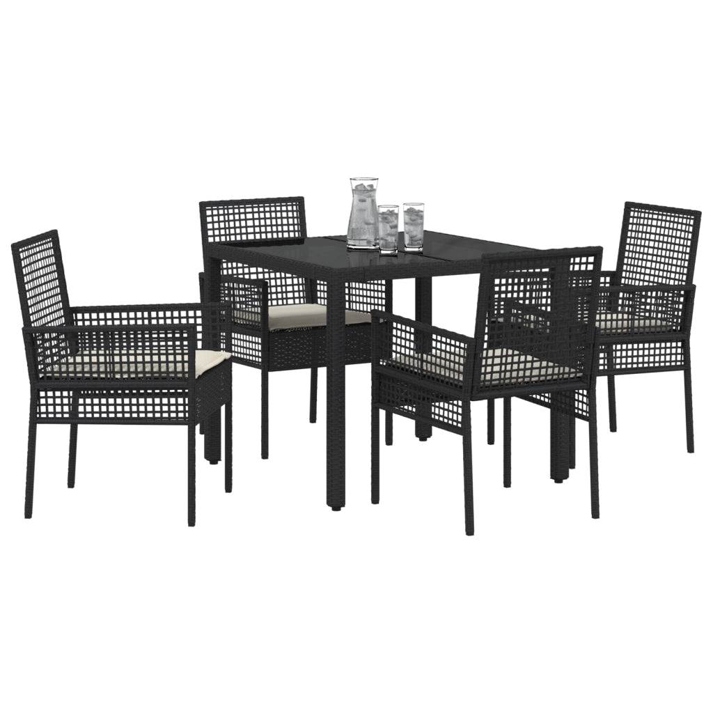 Set da pranzo da giardino in 5 pezzi con cuscini in polyrattan nero