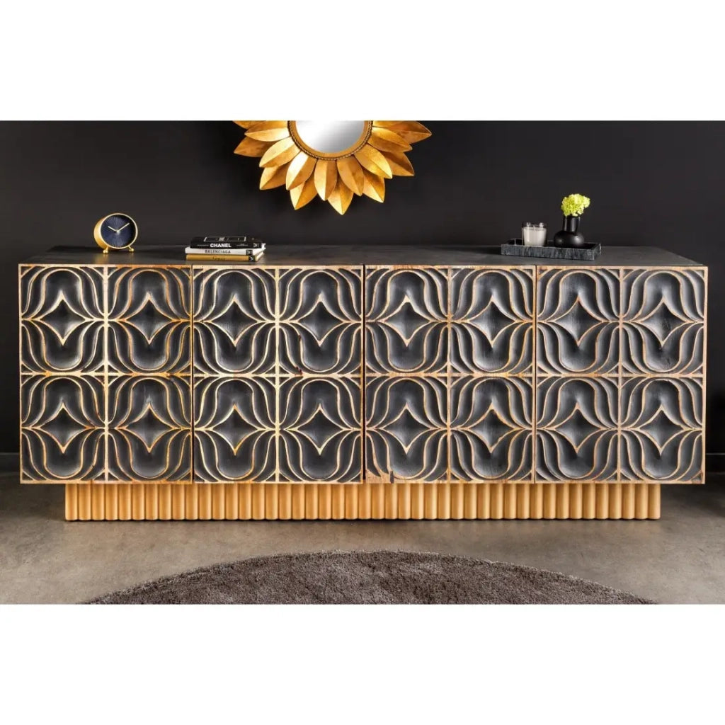 Buffet PALAZZO 180 cm – Legno massiccio grigio e dorato – Scolpito stile retrò-veneziano