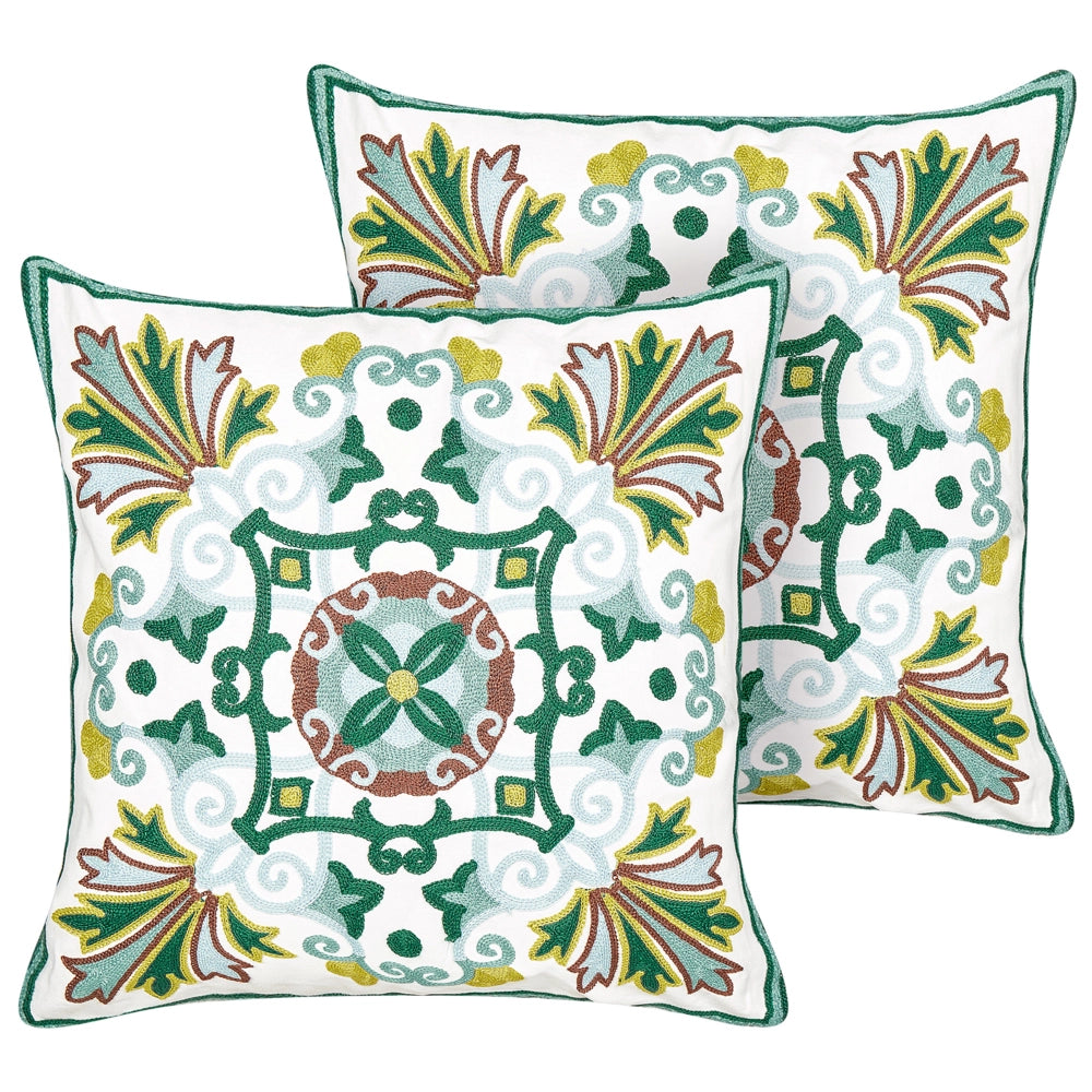 Set di 2 cuscini in cotone ricamati con motivo orientale beige 45 x 45 cm morbida imbottitura