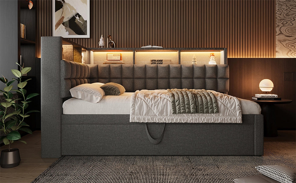 DESMIU Divano letto 90 × 200 cm 1 posto con letto estraibile, LED, USB e Type-C, senza materasso, grigio