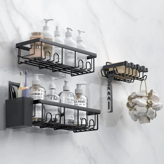 Organizzatore per il bagno - Raccoglitore per capelli - Senza fori - Nero - Contenitore per shampoo - Piastra per bagno per uso adesivo - Adatto per superfici liscie...
