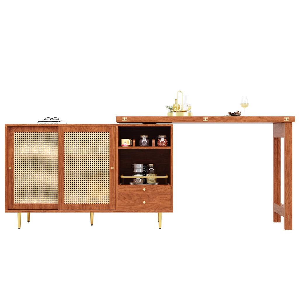 OKWISH Carrello da Cucina Girevole con Contenitore, Anta in Rattan, Cassetto e Ripiani Aperti, Estensibile, MDF, Marrone