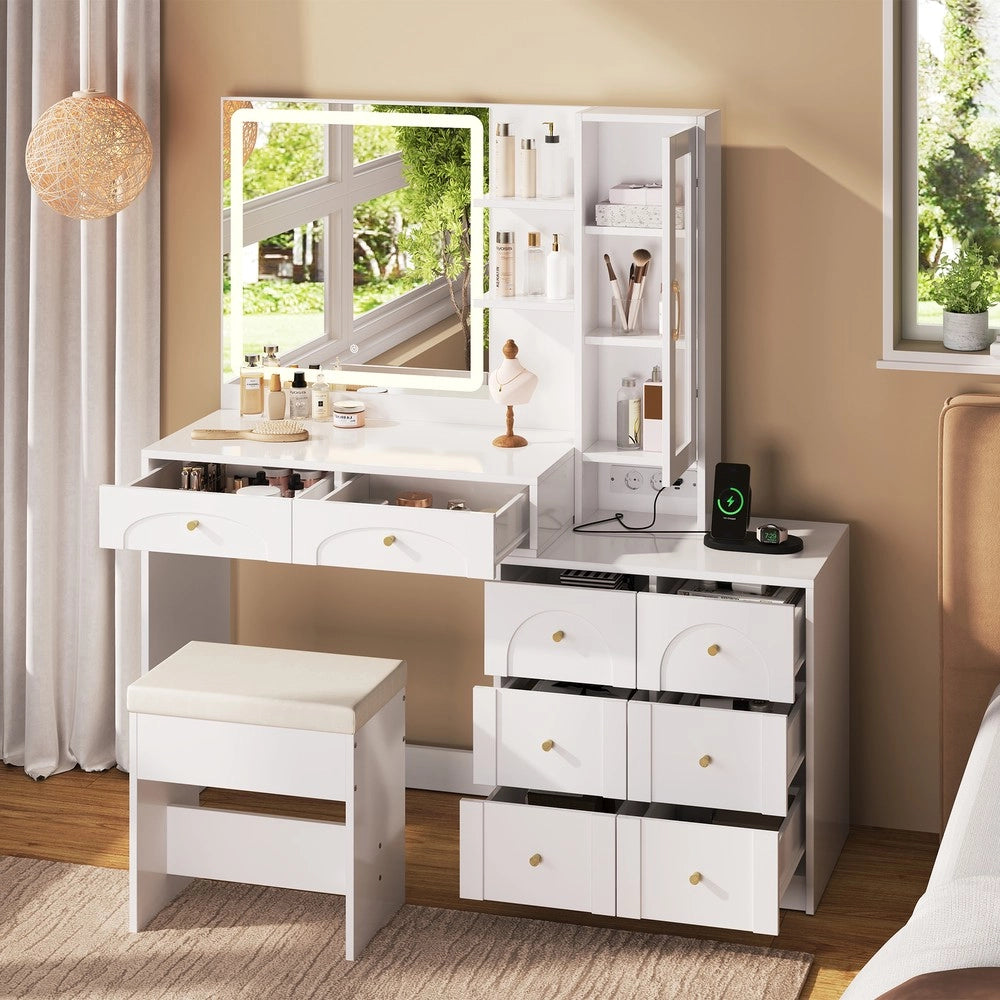Tavolo da Trucco con Specchio LED, 8 Cassetti e Sgabello ¨C Xylo ¨C Bianco, Vetro, 131.5x40x140 cm