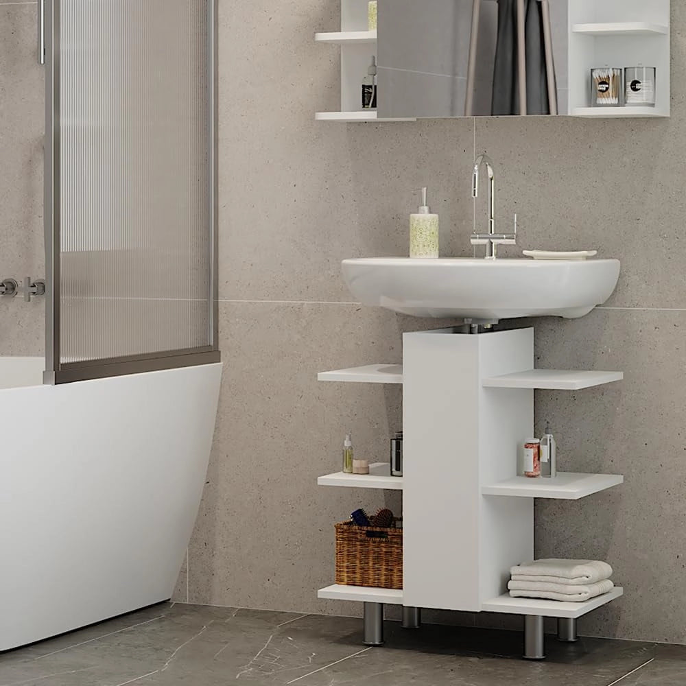 Mobiletto per lavabo Fynn, Bianco, 60 x 70 cm con 6 ripiani, da parete per la conservazione di accessori da bagno