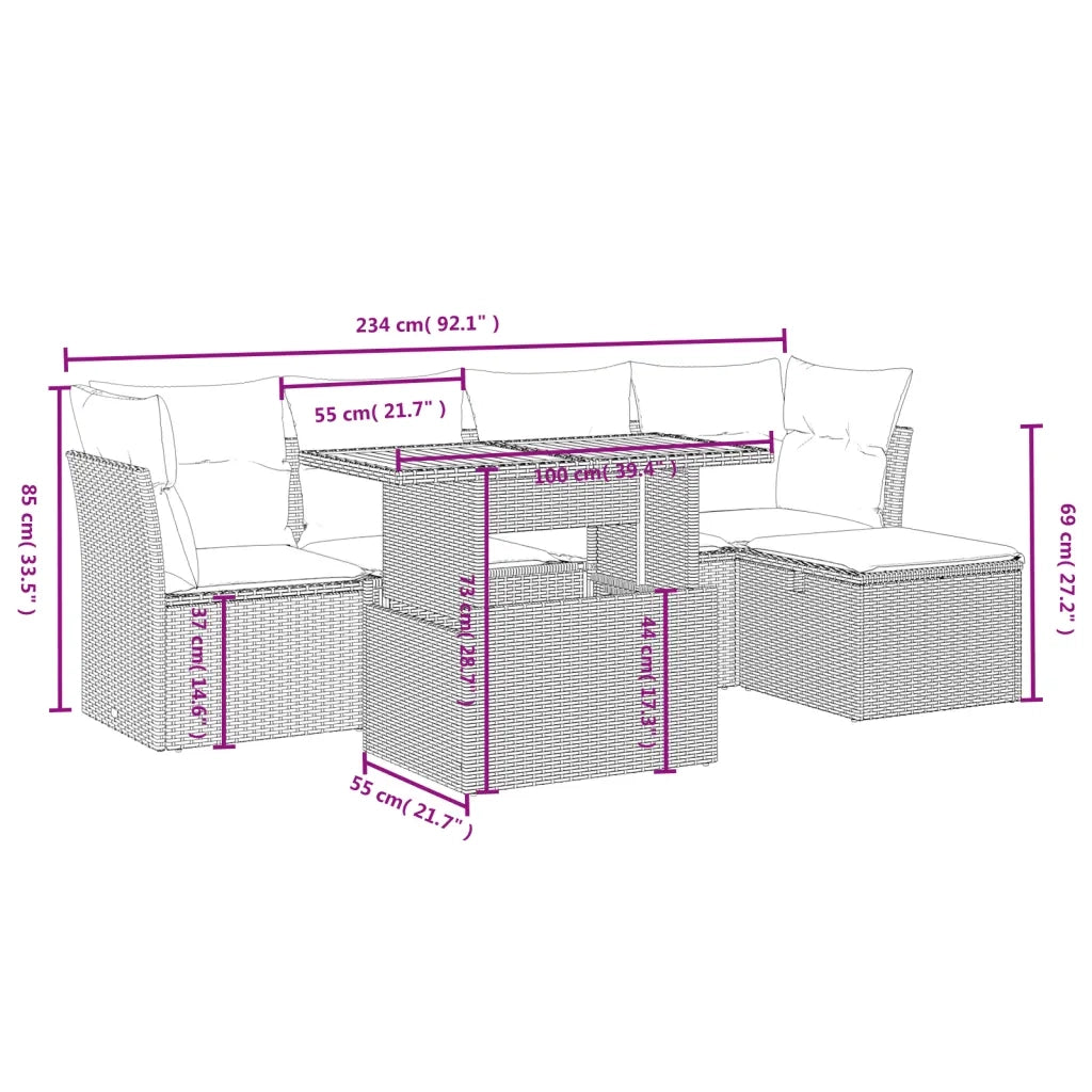 Set Divano da Giardino 6 pz con Cuscini Nero in Polyrattan 3275464