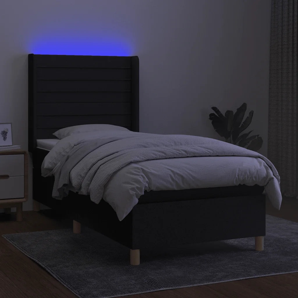 Letto singolo | Letto per adulti | Letto a Molle con Materasso e LED Nero 80x200 cm in Tessuto