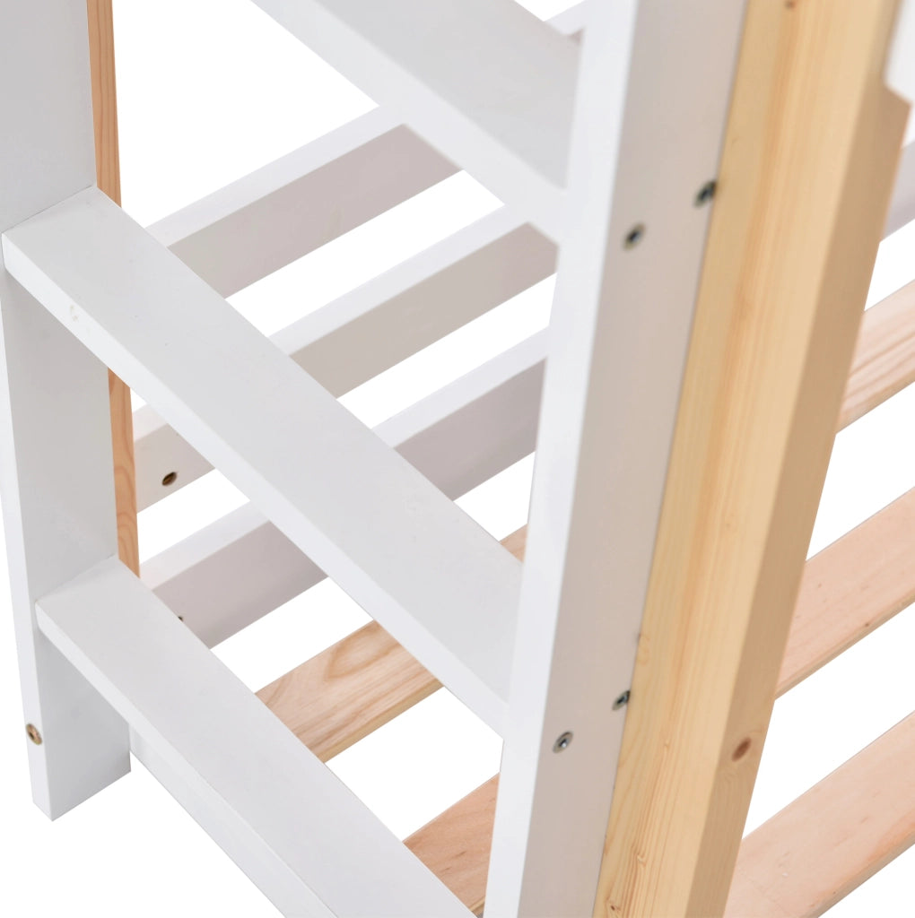 Hochbett per bambini a forma di casetta 90x200 cm con scala e lavagna; bianco in legno massello
