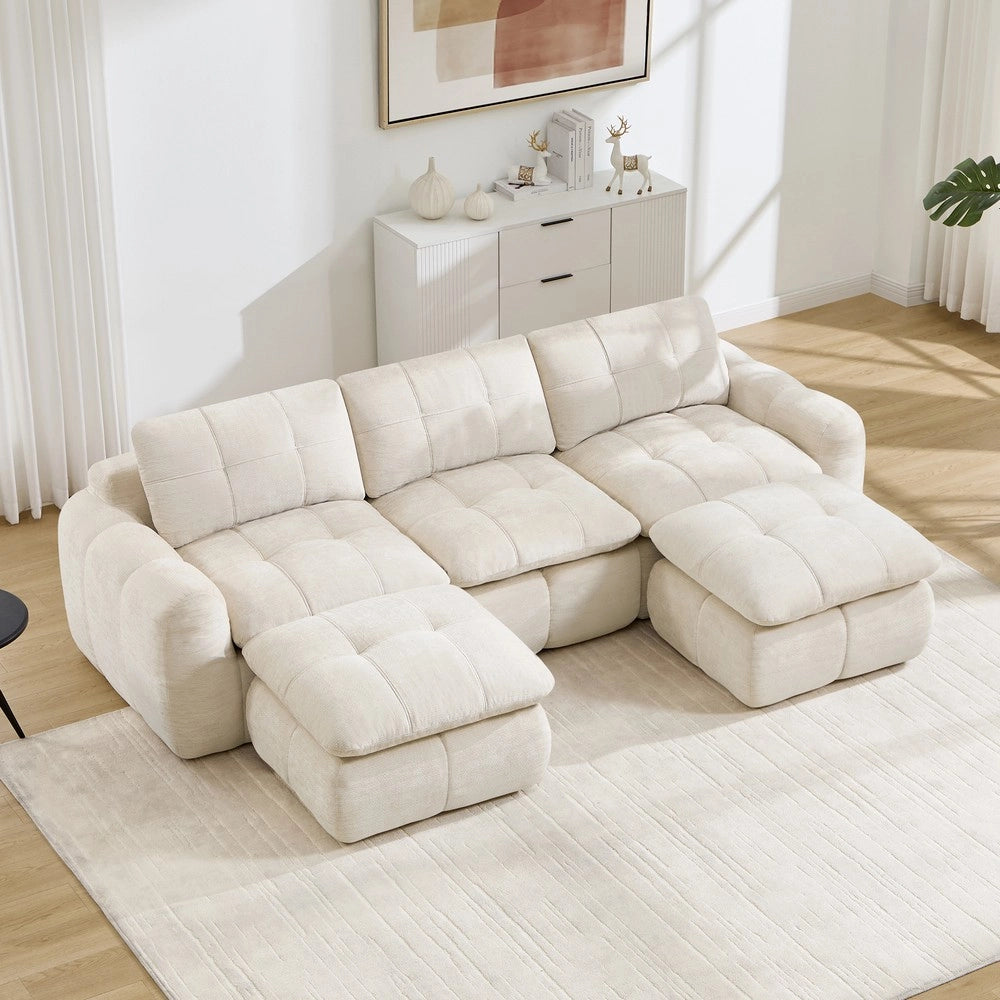 Divano 3 posti a U modulare ¨C Minimal ¨C Beige tessuto chenille 2 poggiapiedi