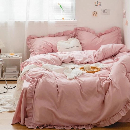 Set da letto bambino, 135 x 200 cm, rosa, con inserti, 2 pezzi, microfibra, copriletto, cuscino, letto singolo, ragazze, adolescenti