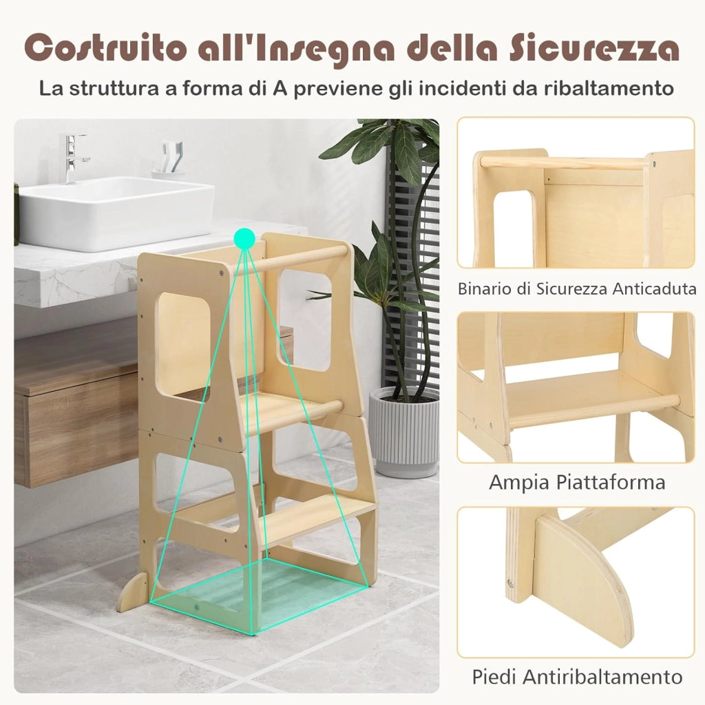 Torre per Bambini 3 in 1, Sgabello Montessori per Bambini con Lavagna, per Bambini 3 Anni +, Capacità di Carico 60 kg, 68 x 40 x 91 cm
