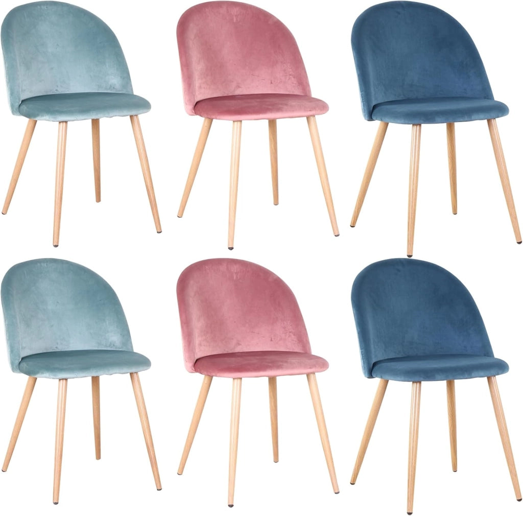 GrandCA HOME Set di 6 Sedie per Sala da Pranzo in Velluto, Sedie da Cucina Imbottite con Gambe in Metallo, per Soggiorno, Verde+Blu+Rosa