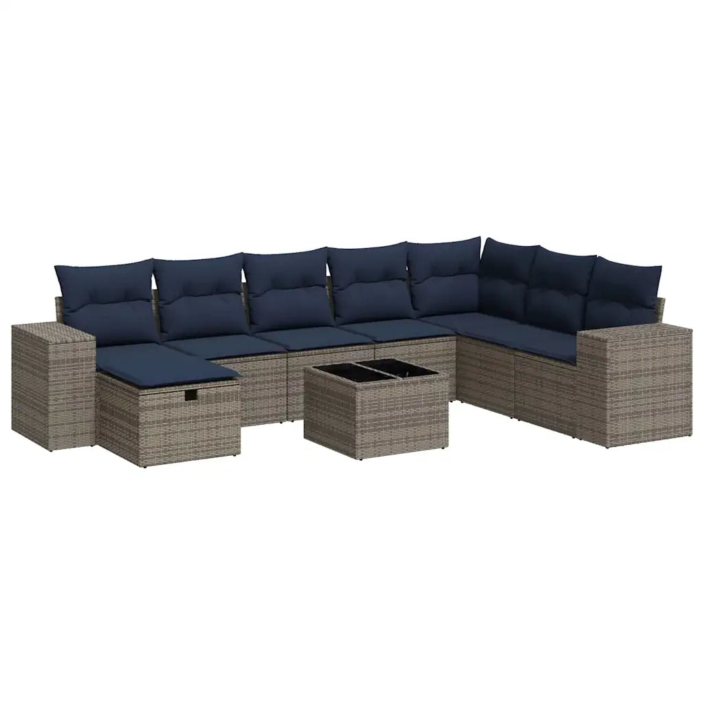 Set Divano da Giardino 9 pz con Cuscini Grigio in Polyrattan