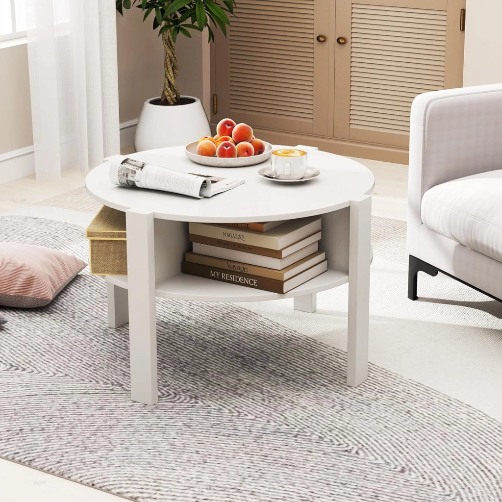 Tavolino Rotondo a 2 Livelli, Tavolo da Centro con Superficie Ampia, 4 Scomparti Inferiori e Piedi Elevati, Tavolo da Caffè & Tè per Soggiorno, Studio, Camera da Letto, Marrone/Bianco