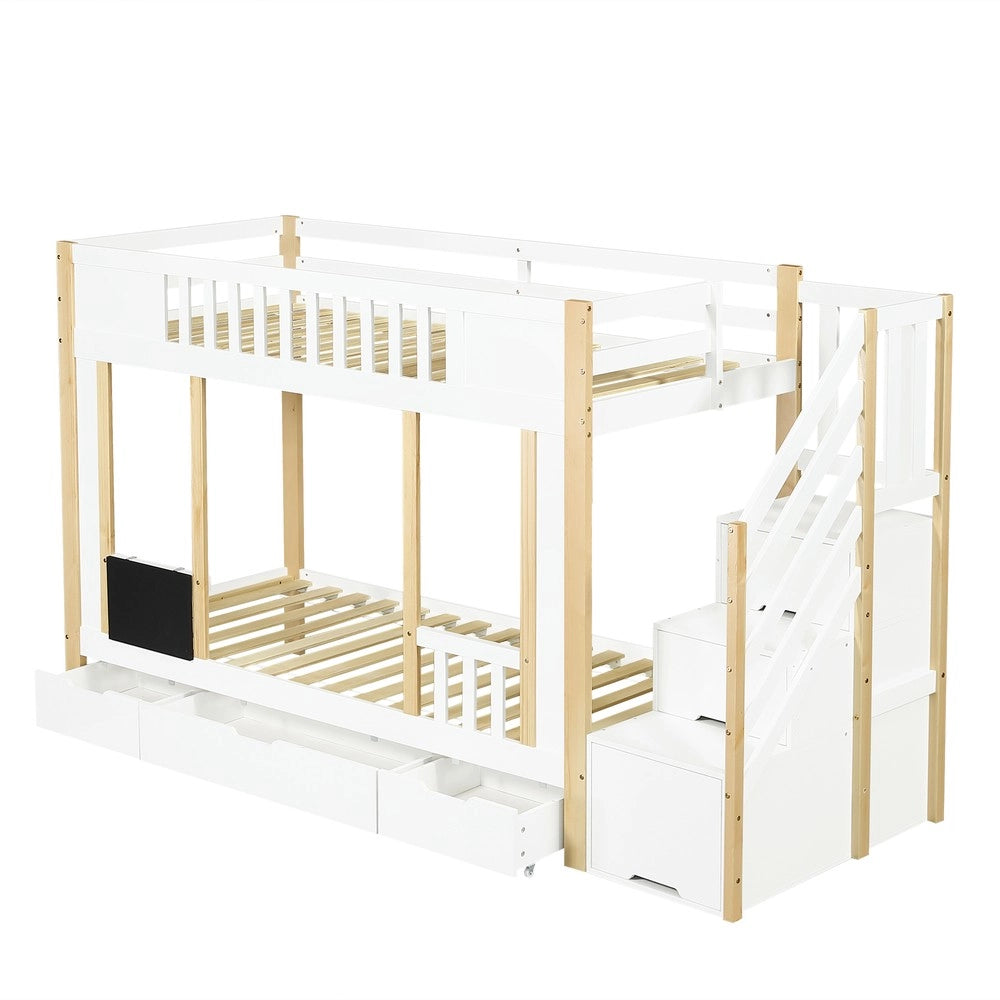 Letto a Castello Bambini con Cassetti e Lavagnetta ¨C Xylo ¨C Pino/MDF, Bianco/Naturale, 90x200
