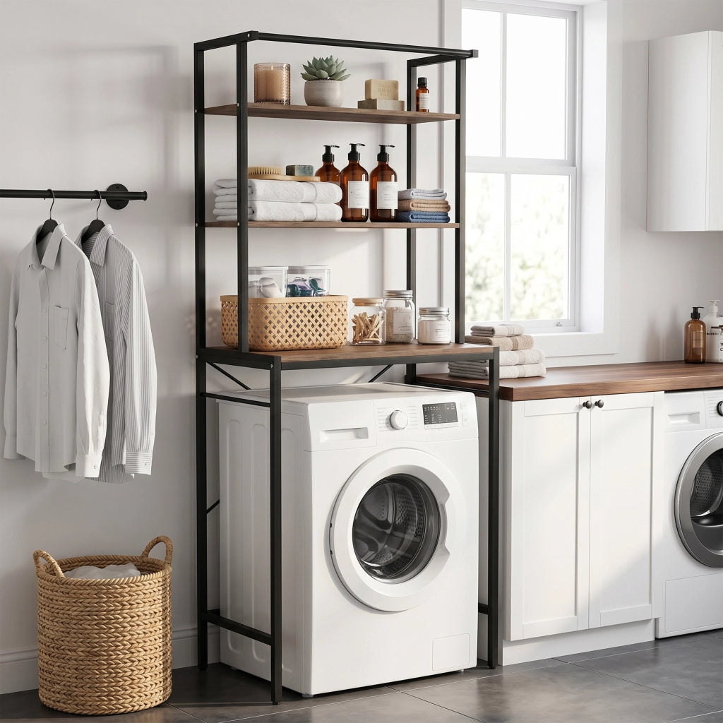 Mobile Sopra Lavatrice 67x40x161,8 cm a 3 Ripiani con Barra Appendiabiti in Legno e Acciaio Marrone e Nero
