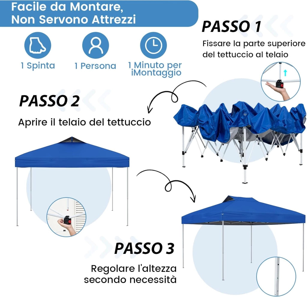 Gazebo Pop-up da 295 x 295 cm, Gazebo da Giardino Impermeabile con Blocco Centrale, Borsa da Trasporto Portatile, Corde Antivento, Picchetti, Tenda Regolabile in Altezza per Feste (Blu Chiaro)