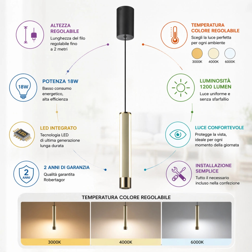 LAMPADA SOSPENSIONE LED 18W REGOLABILE 3 COLORI 3000K 4000K 6000K 1200LM LP001