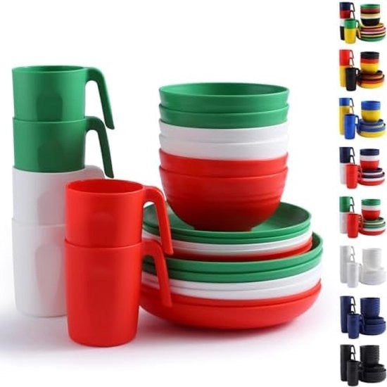 Set di servizio 24 pezzi, set di servizio per 6 persone, set di piatti e bicchieri riutilizzabili, comprensivo di piatti da pranzo, piatti da dessert, piatti da colazione, tazze e bicchieri, in colori verde, rosso e bianco.
