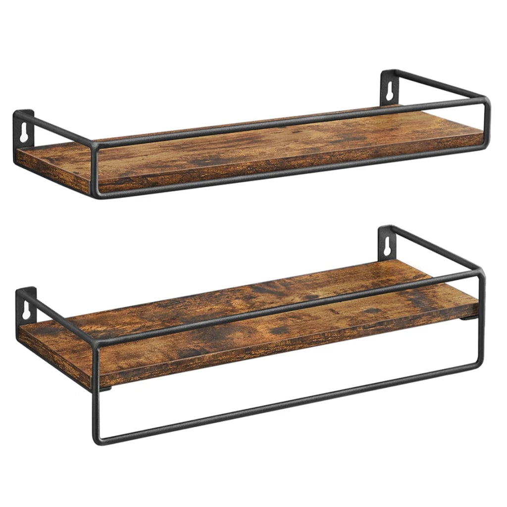 Set di 2 mensole da parete mensole sospese con asta appendiabiti contenitore galleggiante per cucina camera da letto soggiorno marrone rustico e nero 12_0006221