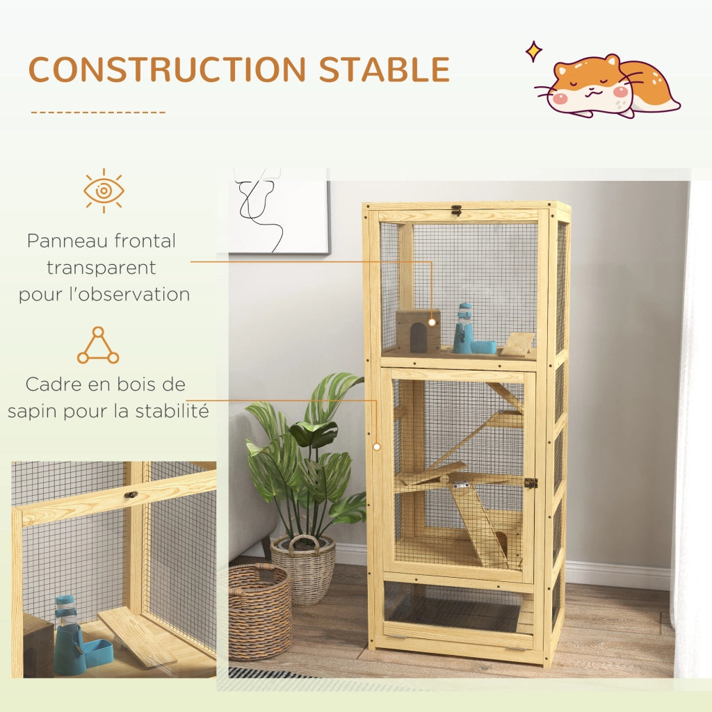 Gabbia per criceti e piccoli animali in legno a 5 livelli con scala casetta e altalena ¨C zephmum ¨C 54x38x131 cm naturale