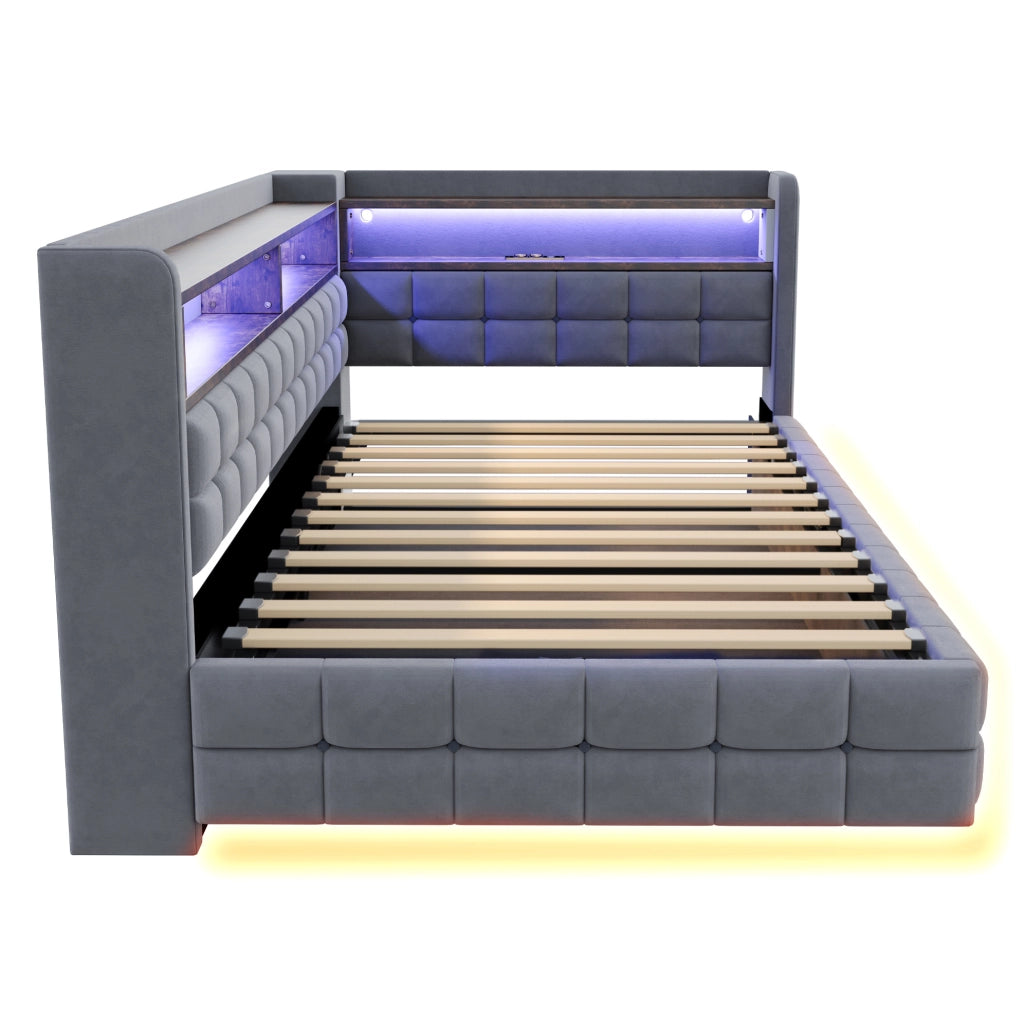 Letto imbottito 90x200 cm con contenitore idraulico; LED; USB-C; ripiani; velluto grigio chiaro