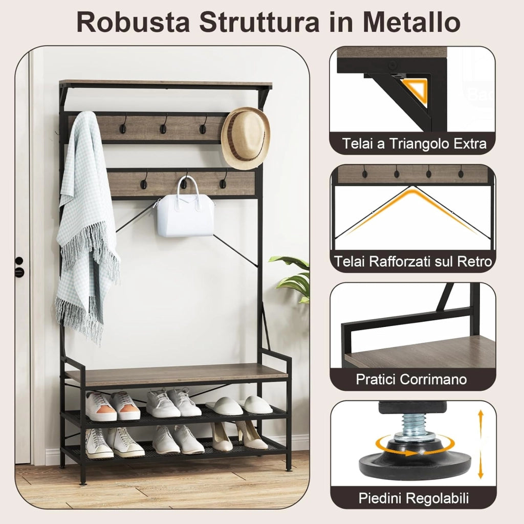 4 in 1 Appendiabiti da Ingresso, Armadio con Panca per Scarpe Scarpiera a 2 Ripiani, Struttura in Metallo e Kit Antivibrazione, 102 x 40 x 184 cm (Grigio)