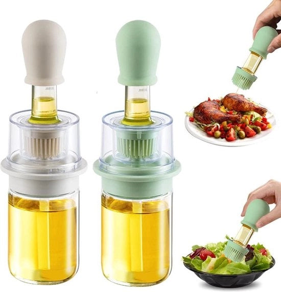 Dispensatore di olio con spazzola - 2 in 1 - 180 ml - Dispensatore di olio d'oliva - Fiaschetta di aceto - Spazzola in silicone morbida - Cucina - Barbecue salata - Frittura - Bianco - Verde