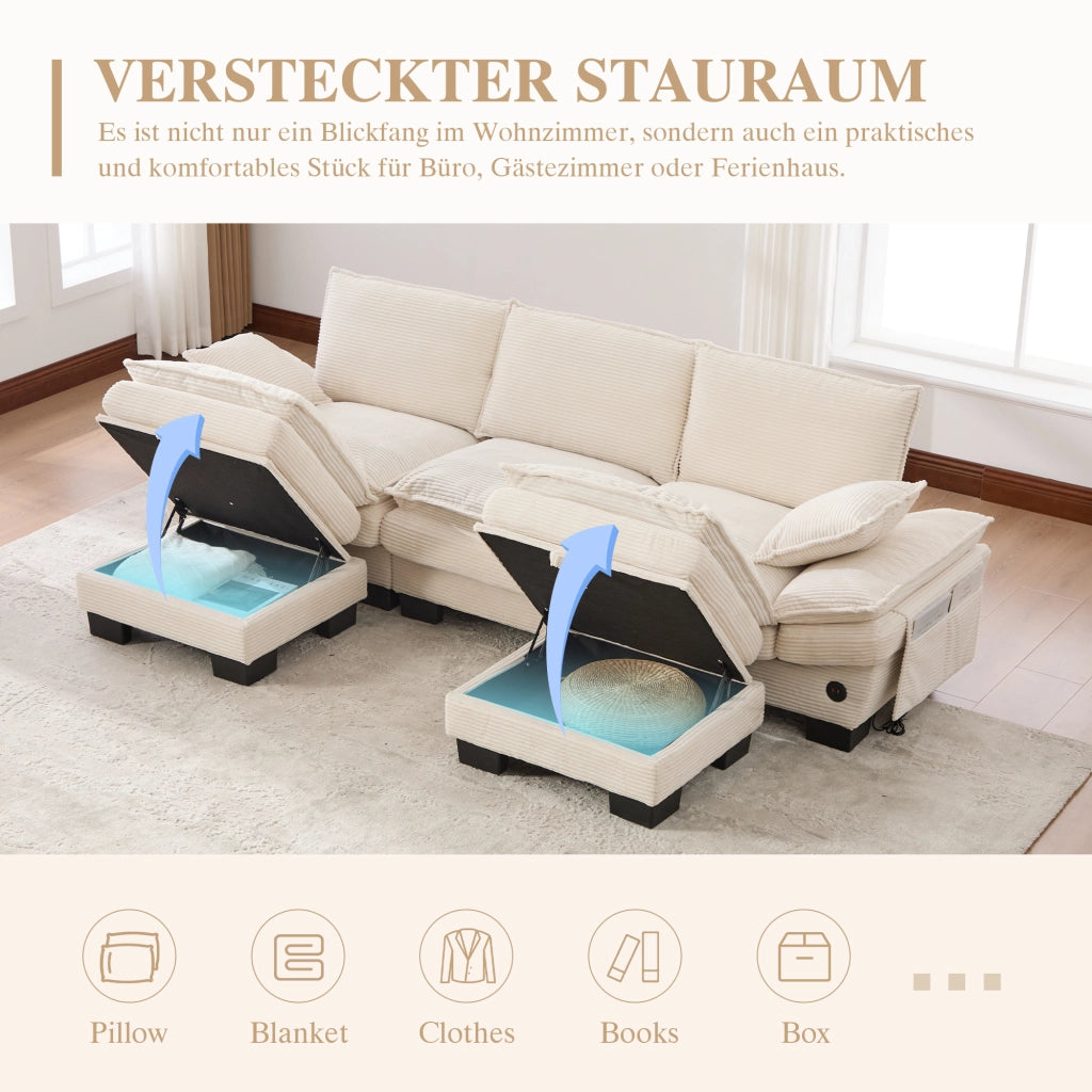 Divano modulare a 3 posti in velluto a coste con pouf porta USB-C tasche laterali e cuscini in schiuma beige