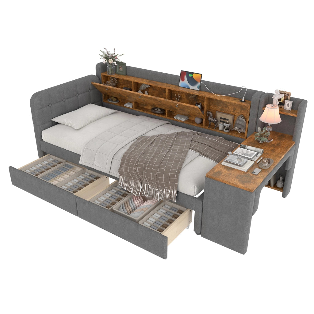 Letto a Divanetto 90x200 cm; con 2 Cassetti; Scrivania; USB e Type-C; in Lino Grigio