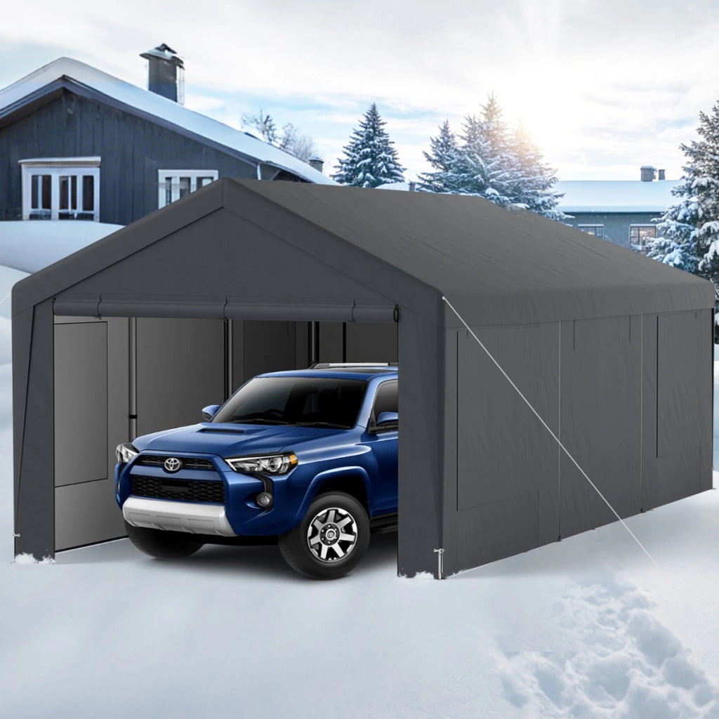 Carport auto per esterno 595x300cm con 8 pareti laterali rimovibili porte scorrevoli, Garage portatile per SUV Grigio scuro-Accessori per veicoli