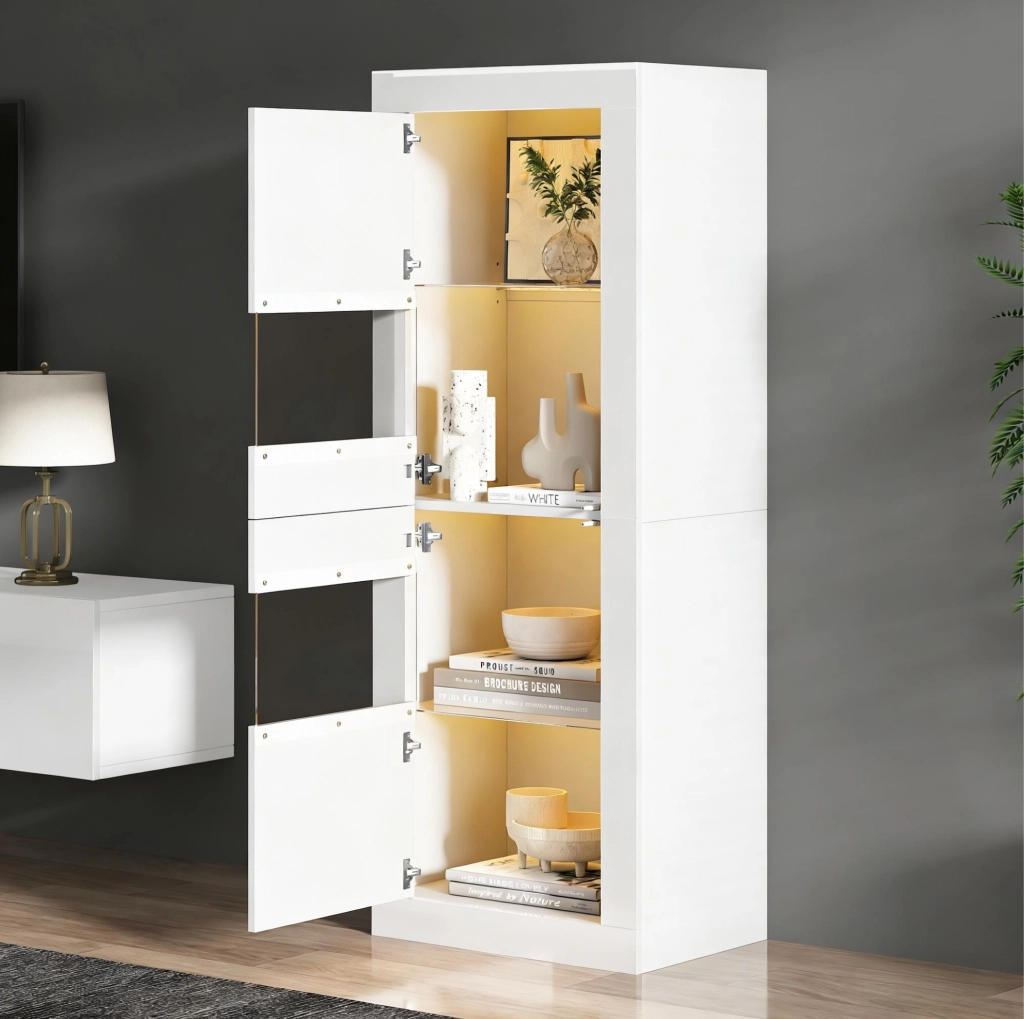 Vetrina LED 61x42x162 cm con 2 ante e ripiani regolabili bianca HOMVRA