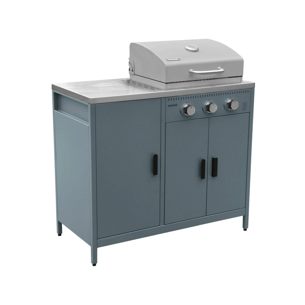 Barbecue a gas 3 bruciatori, 3 ante, 2 spazi di stoccaggio, blu grigio
