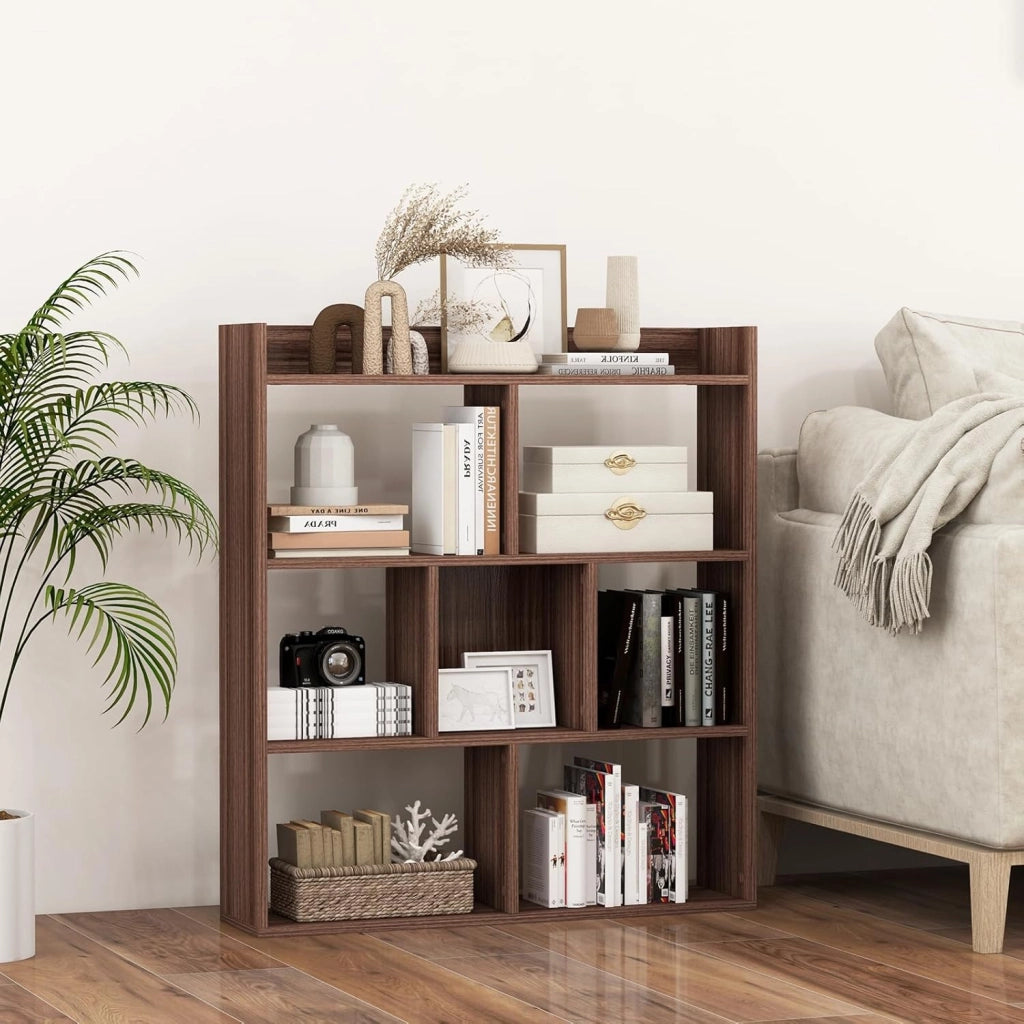 Libreria a Cubi con 7 Scomparti, Mensola Espositiva per l'Archiviazione, Libreria in Legno con Dispositivi Anti-Ribaltamento, per Studio Soggiorno, 80x20x90 cm (Marrone)