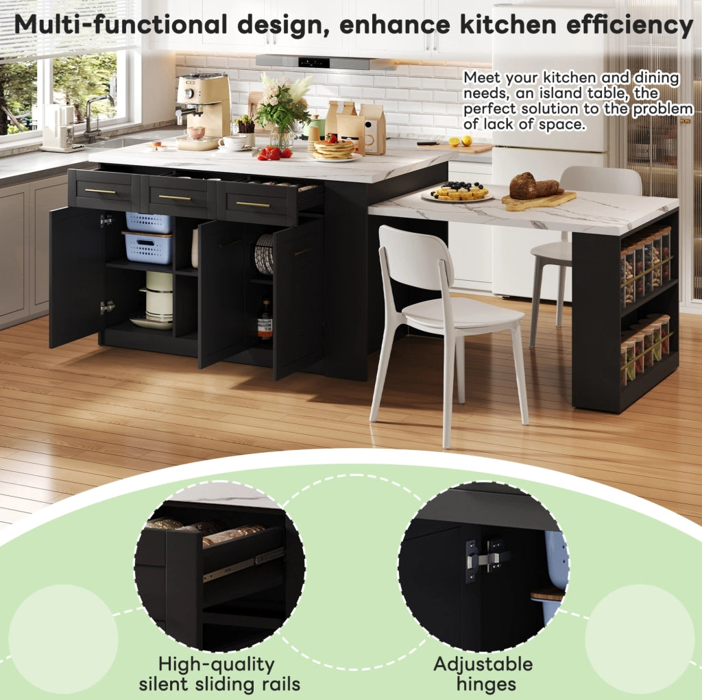 Isola da cucina con tavolo estraibile 150x90x90 cm in MDF nero e bianco marmo